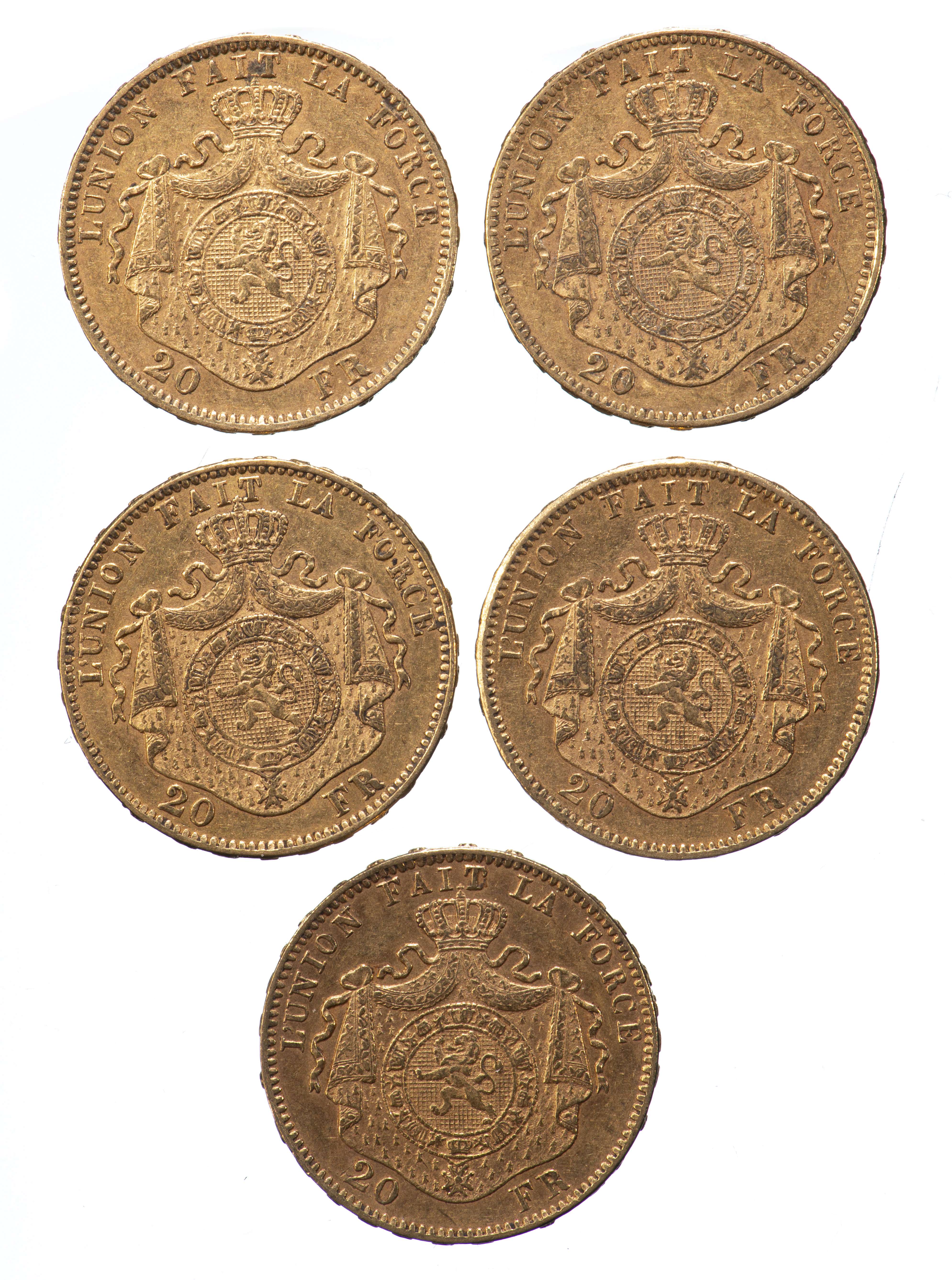 Lot de 5 pièces de 20 frs or de Léopold II comprenant les frappes de 1874...